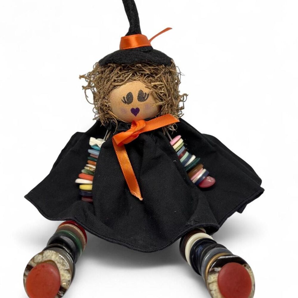 Vintage Handmade Button Doll Halloween Witch Shelf Sitter Folk Art Decor